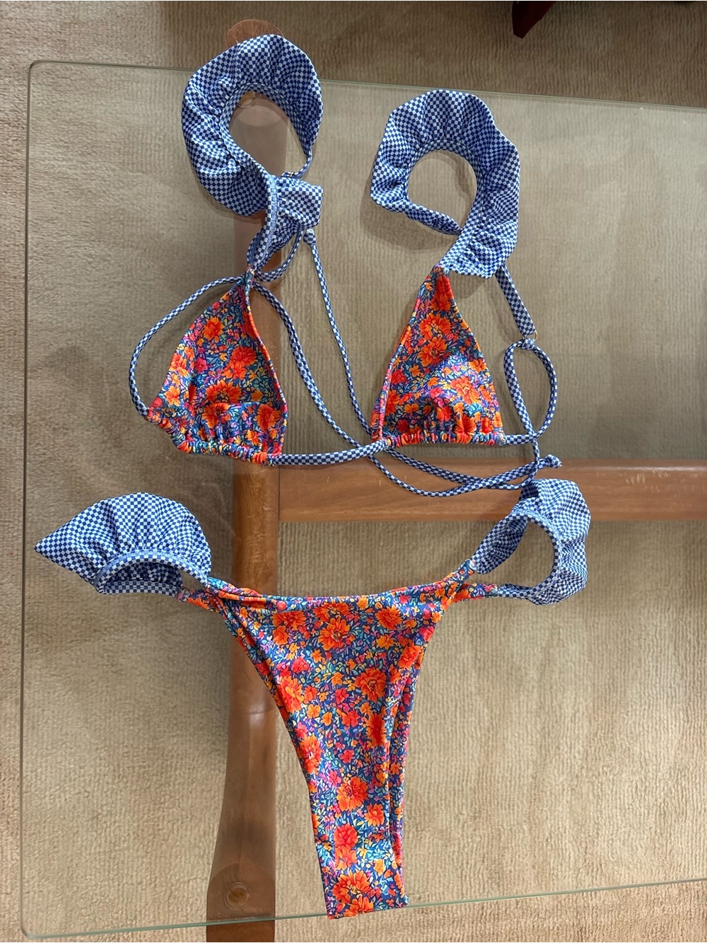 Strawberry milk bob Floral & Gingham Tie Bikini Set - Blue, Orange, Red